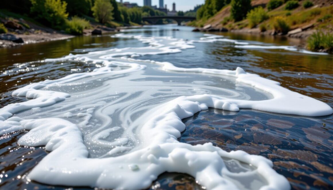 toxic foam formed on river surfaces near industrial discharge points indicates the presence of surfactants or organic pollutants entering the water system from factories