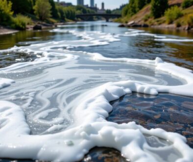 toxic foam formed on river surfaces near industrial discharge points indicates the presence of surfactants or organic pollutants entering the water system from factories